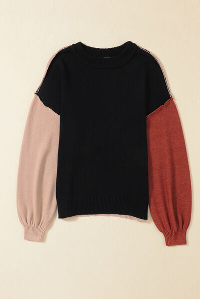 Contrast Round Neck Dropped Shoulder Sweater |1mrk.com