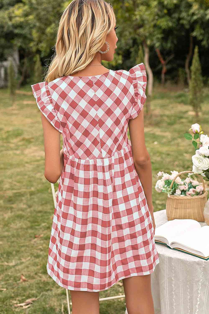 Plaid Butterfly Sleeve Deep V Dress |1mrk.com