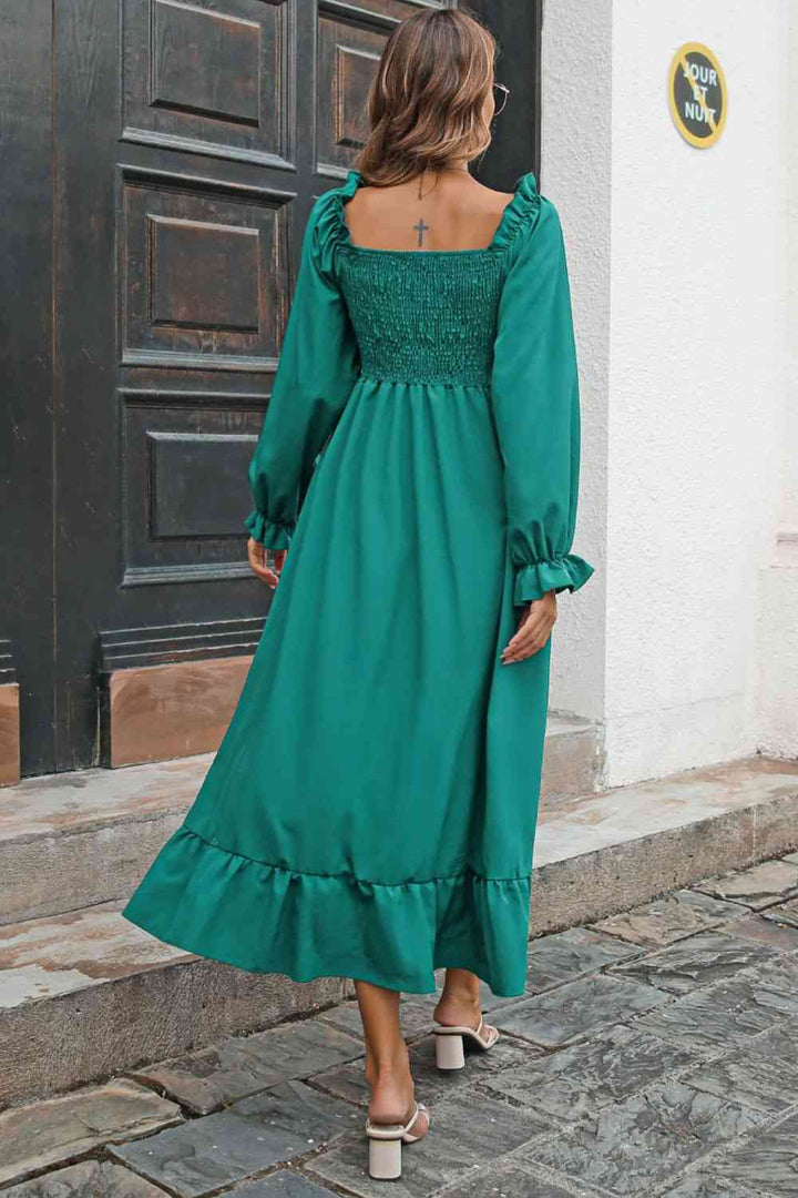 Smocked Ruffle Hem Flounce Sleeve Dress |1mrk.com