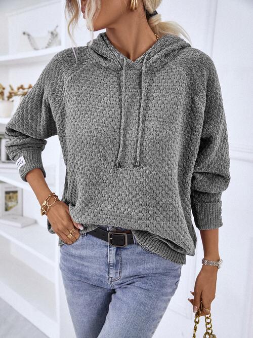 Texture Drawstring Long Sleeve Hooded Sweater | 1mrk.com