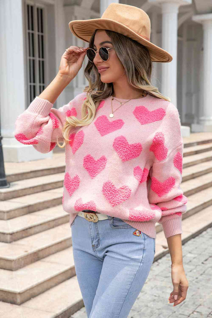 Round Neck Dropped Shoulder Sweater with Heart Pattern |1mrk.com