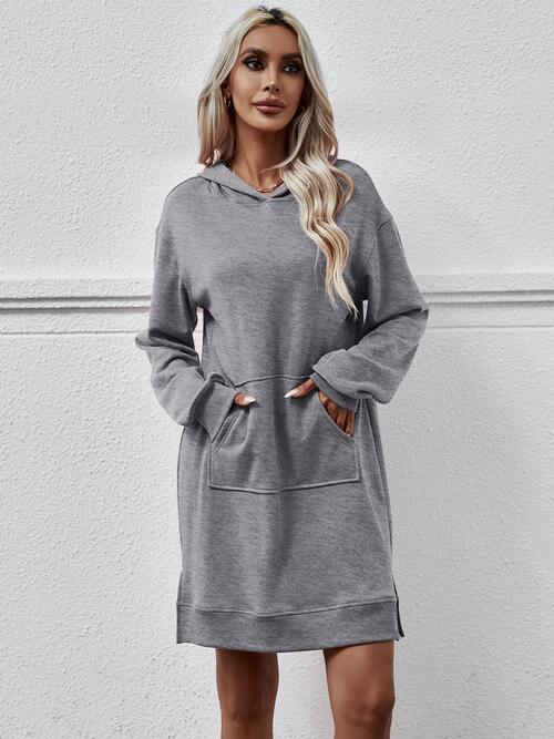 Slit Long Sleeve Hooded Dress with Pocket | 1mrk.com