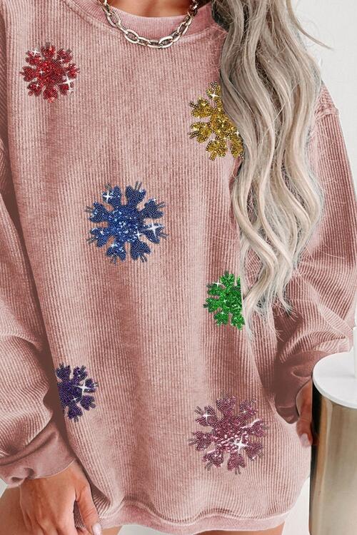 Sequin Snowflake Round Neck Sweatshirt | Trendsi