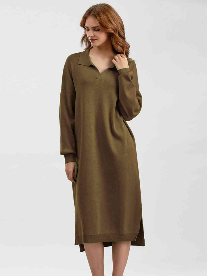 Johnny Collar Long Sleeve Slit Sweater Dress |1mrk.com