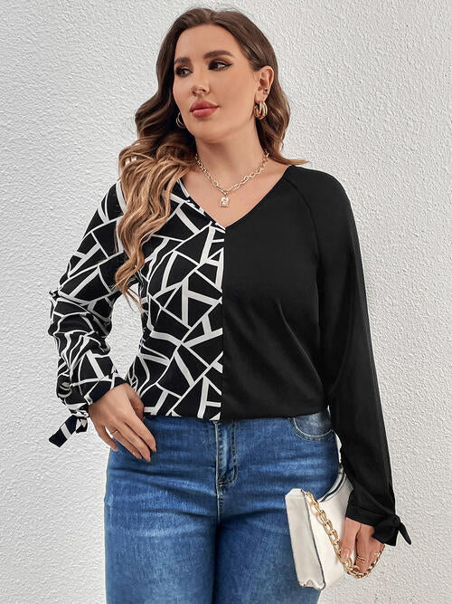 Plus Size Geometric V-Neck Long Sleeve T-Shirt | 1mrk.com