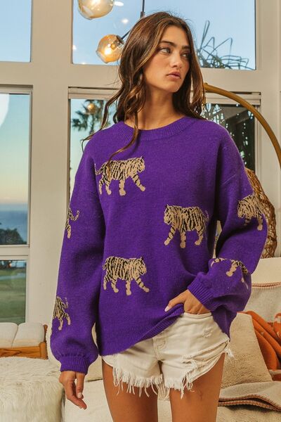 BiBi Tiger Pattern Long Sleeve Sweater | Trendsi