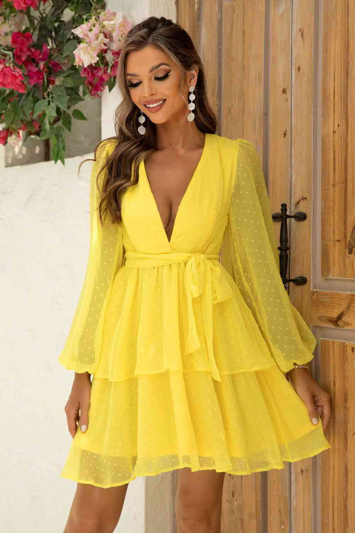 Tie Waist Balloon Sleeve Layered Dress |1mrk.com