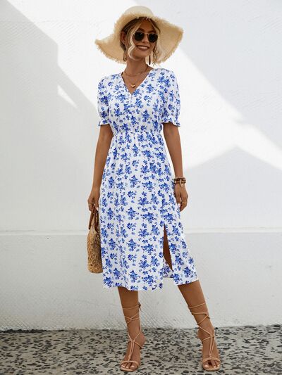 Slit Printed V-Neck Short Sleeve Dress |1mrk.com