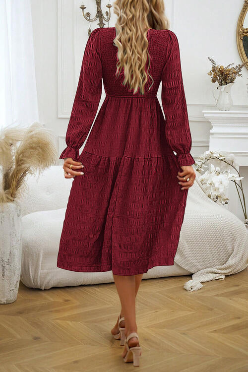 Round Neck Velvet Smocked Flounce Sleeve Dress | 1mrk.com