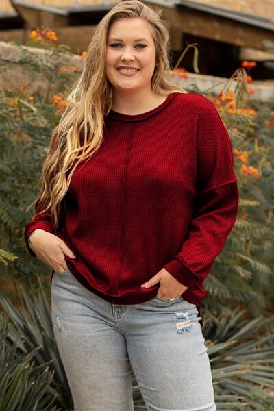 Plus Size Exposed Seam Waffle-Knit High-Low Sweatshirt |1mrk.com