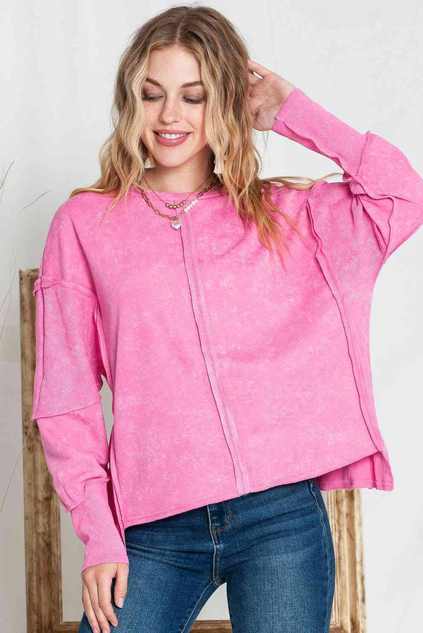 Full Size Exposed Seams Round Neck Dropped Shoulder Sweatshirt |1mrk.com