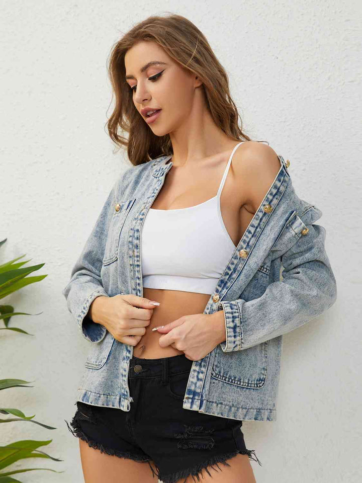 Button Up Round Neck Denim Jacket | 1mrk.com