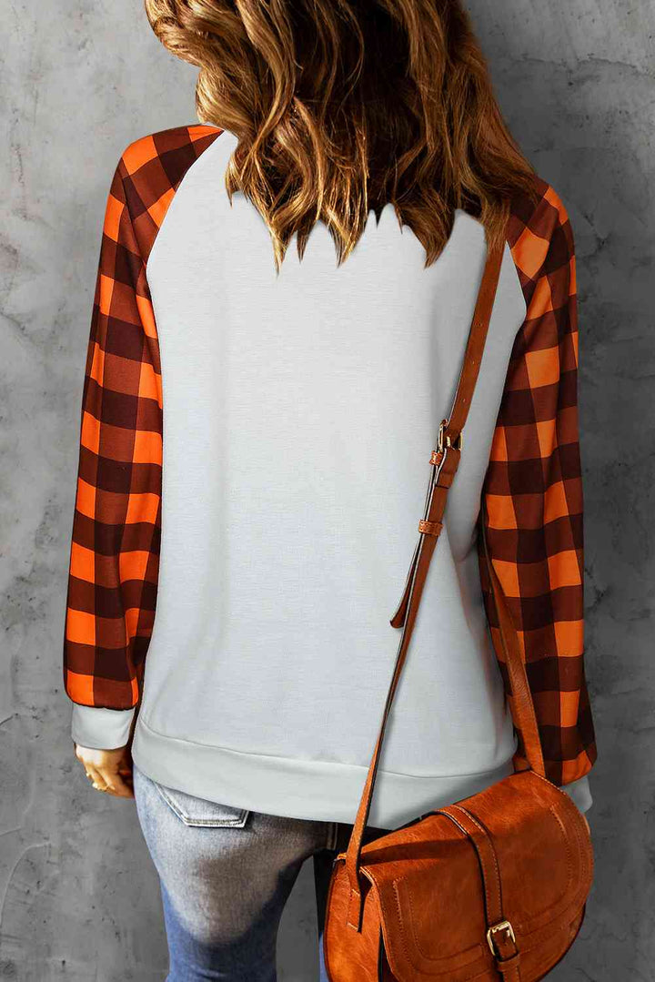 Pumpkin Graphic Round Neck Long Plaid Sleeve Tee | 1mrk.com