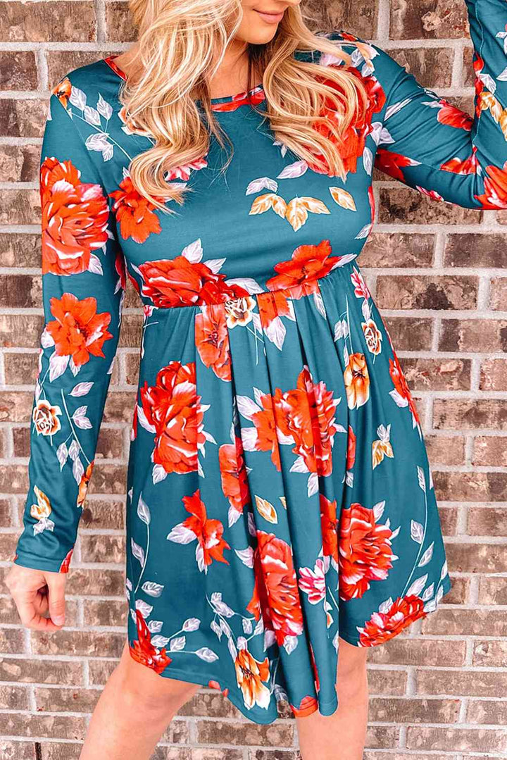 Floral Long Sleeve Pleated Detail Dress |1mrk.com