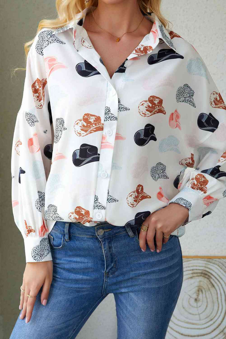 Hat Print Collared Neck Long Sleeve Shirt |1mrk.com