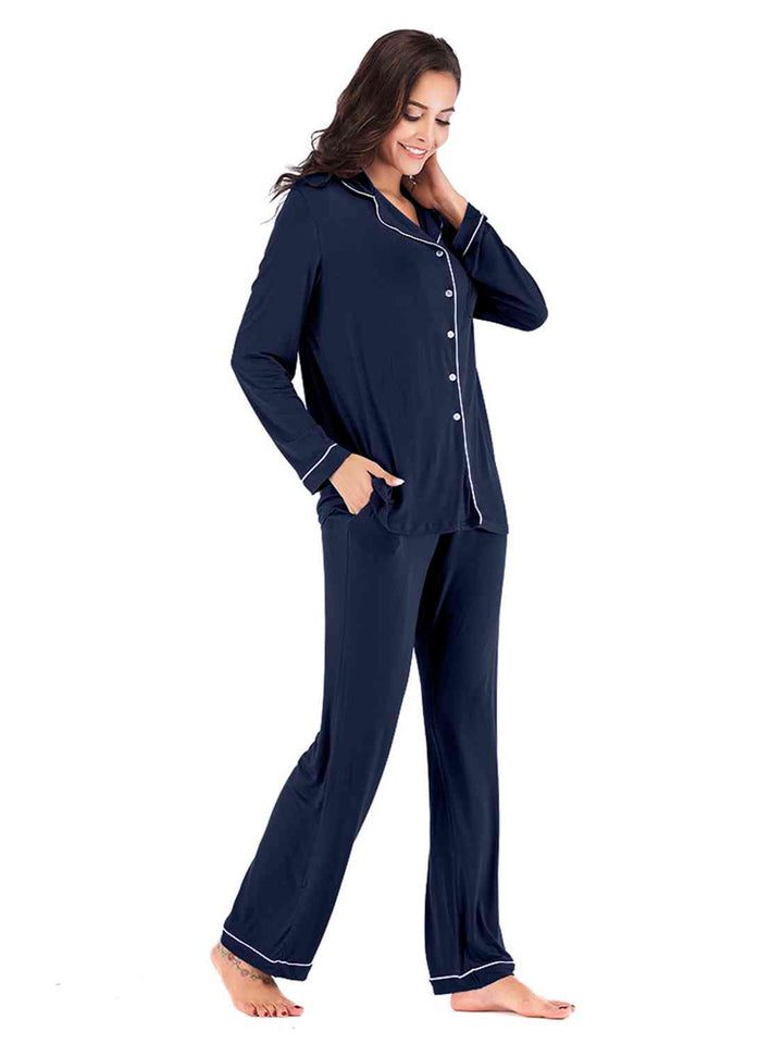 Collared Neck Long Sleeve Loungewear Set with Pockets | 1mrk.com