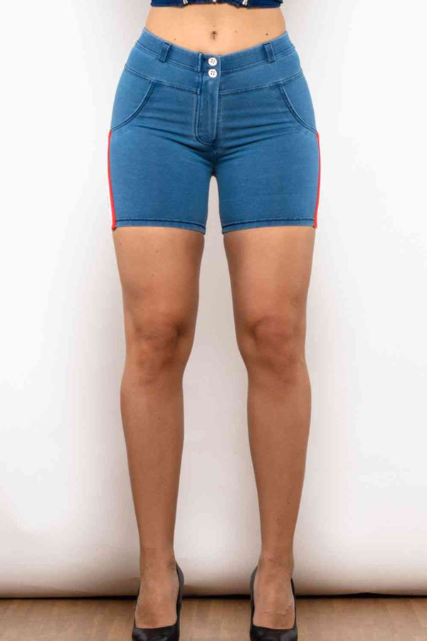 Full Size Side Stripe Buttoned Denim Shorts | 1mrk.com