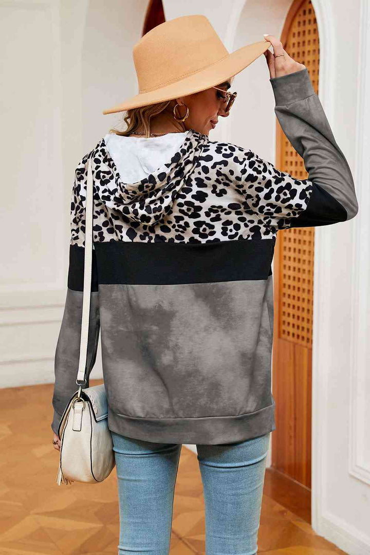 Leopard Drawstring Hoodie with Pocket |1mrk.com