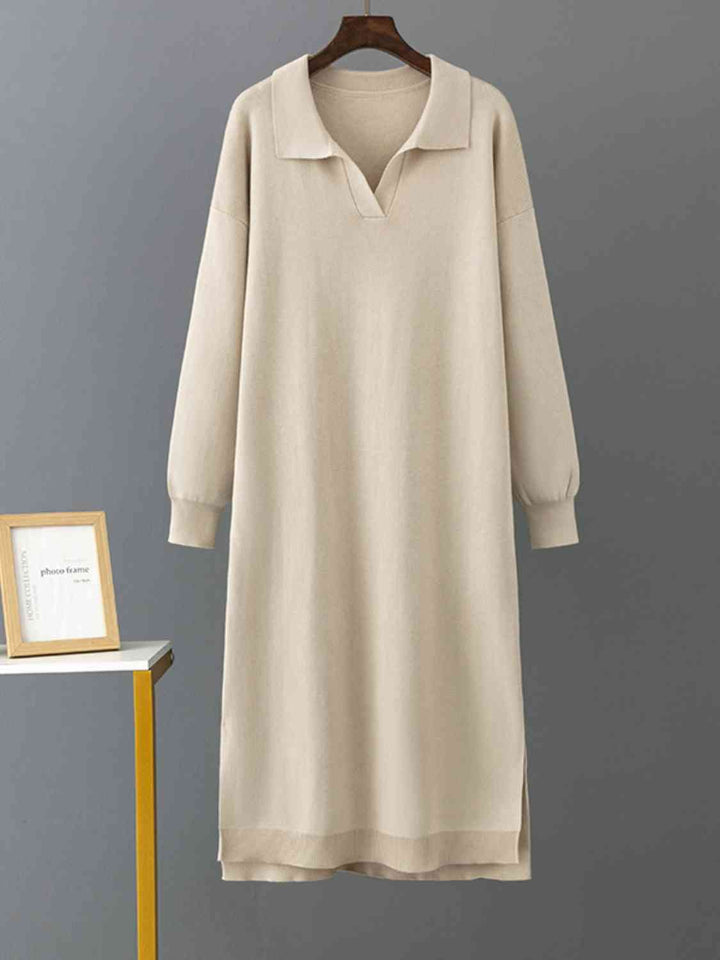 Johnny Collar Long Sleeve Slit Sweater Dress |1mrk.com