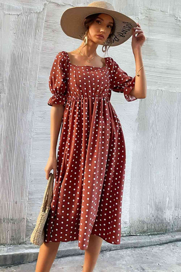 Polka Dot Square Neck Flounce Sleeve Dress | 1mrk.com