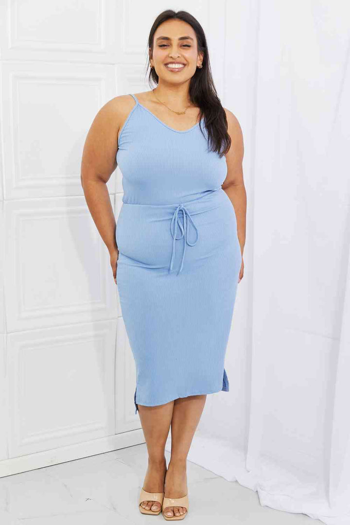Capella Flatter Me Full Size Ribbed Front Tie Midi Dress in Pastel Blue | 1mrk.com