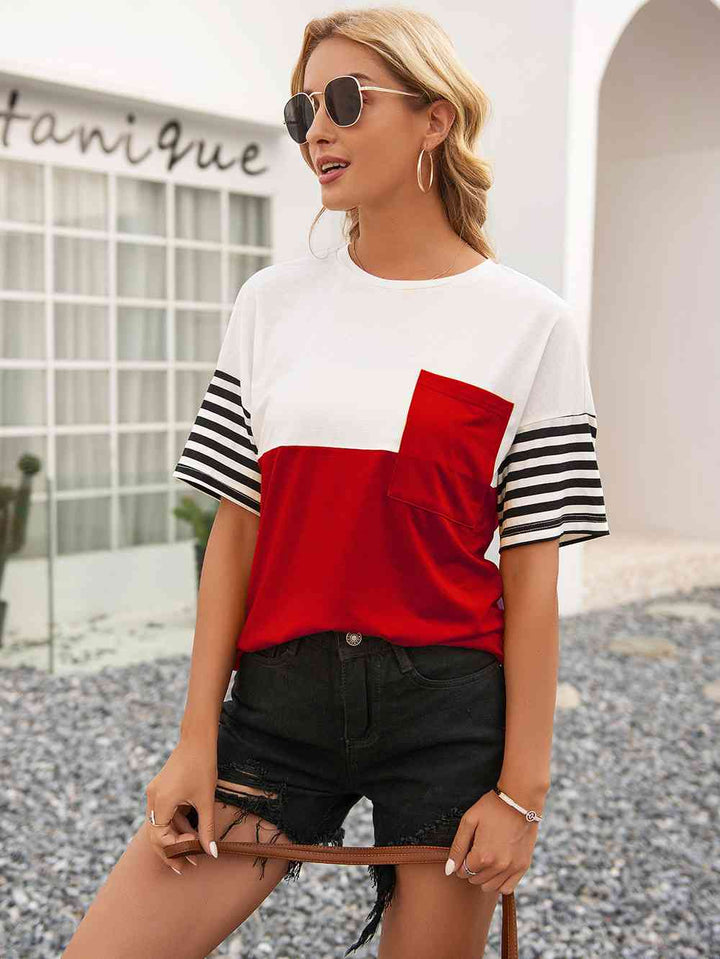 Striped Color Block Round Neck Tee | 1mrk.com