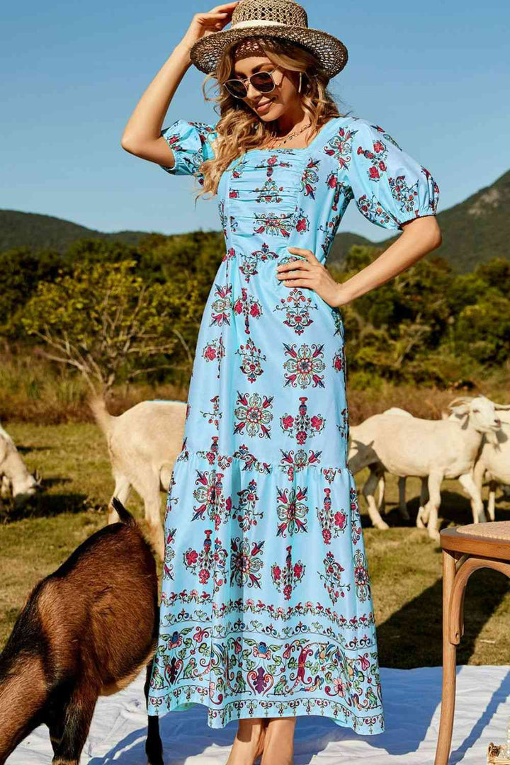 Floral Ruched Puff Sleeve Tiered Maxi Dress | 1mrk.com