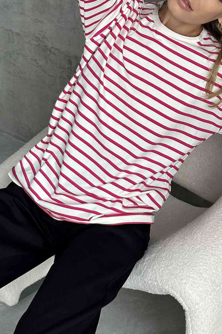 Round Neck Striped Dropped Shoulder T-Shirt | 1mrk.com