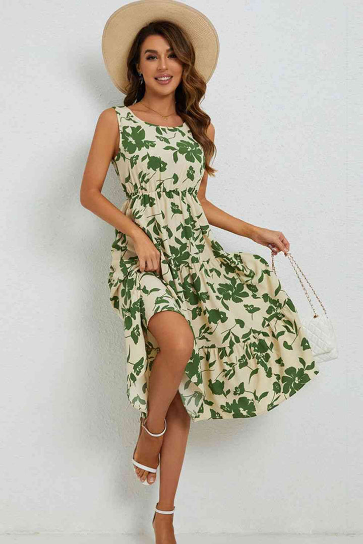 Floral Round Neck Tiered Sleeveless Dress |1mrk.com