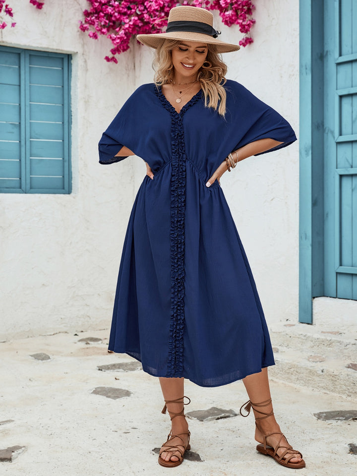 Frill Slit V-Neck Three-Quarter Sleeve Dress | Trendsi