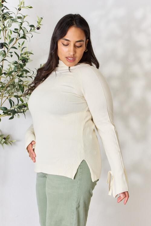 Heimish Full Size Ribbed Bow Detail Long Sleeve Turtleneck Knit Top |1mrk.com