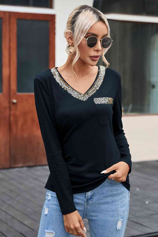 Sequin Contrast Long Sleeve T-Shirt | 1mrk.com