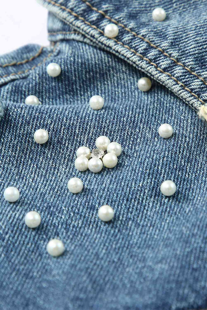 Pearl Detail Distressed Button Up Denim Jacket | 1mrk.com
