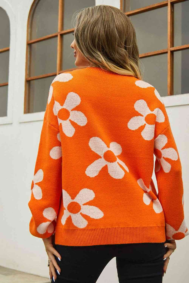 Floral Print Round Neck Dropped Shoulder Pullover Sweater |1mrk.com