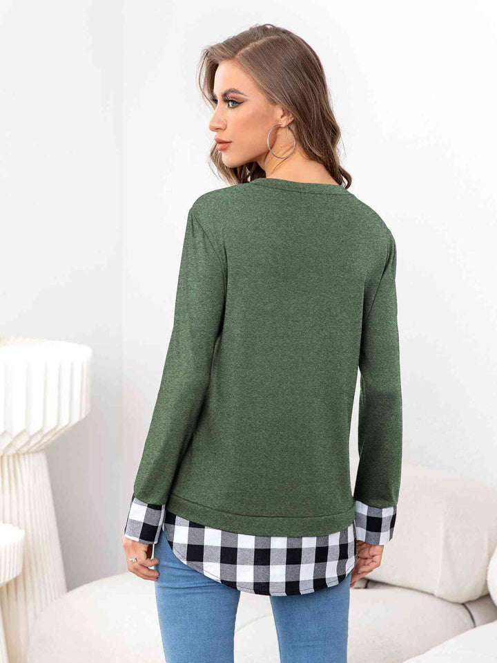 Plaid Round Neck Long Sleeve Tee | 1mrk.com