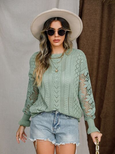 Eyelet Crochet Lantern Sleeve Sweater |1mrk.com