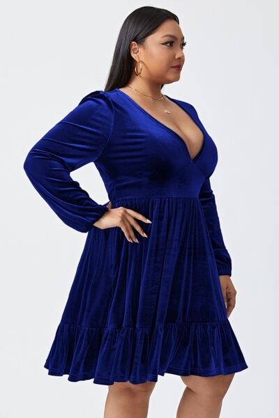 Plus Size Plunge Long Sleeve Mini Dress |1mrk.com