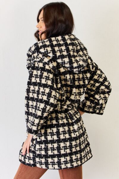 J.NNA Fuzzy Plaid Waist Tie Hooded Robe Cardigan |1mrk.com