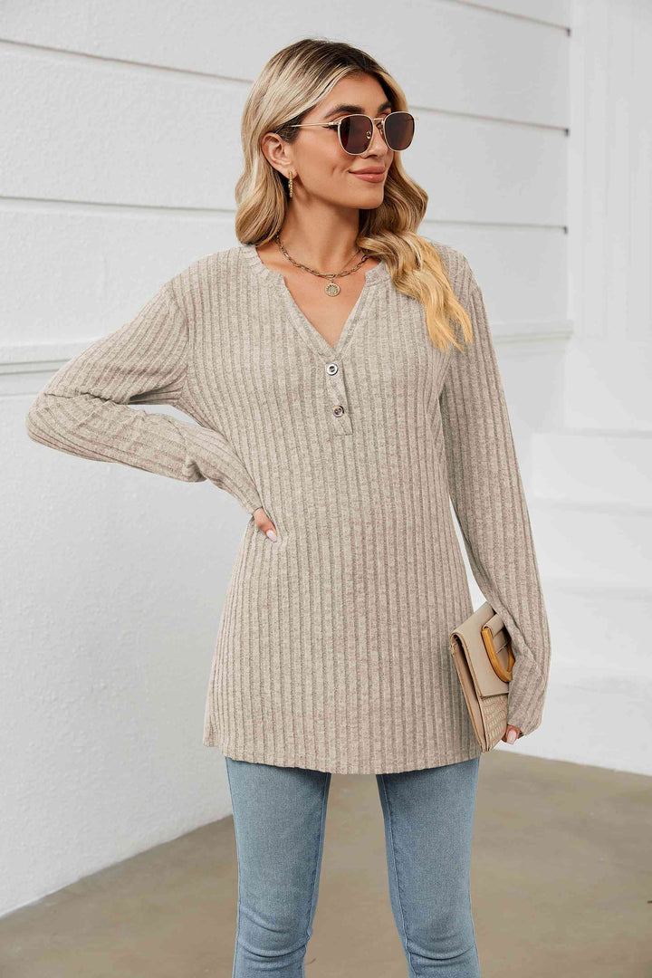 Notched Neck Ribbed Long Sleeve T-Shirt | 1mrk.com