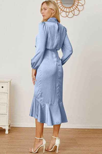 Mock Neck Ruffled Asymmetrical Dress |1mrk.com