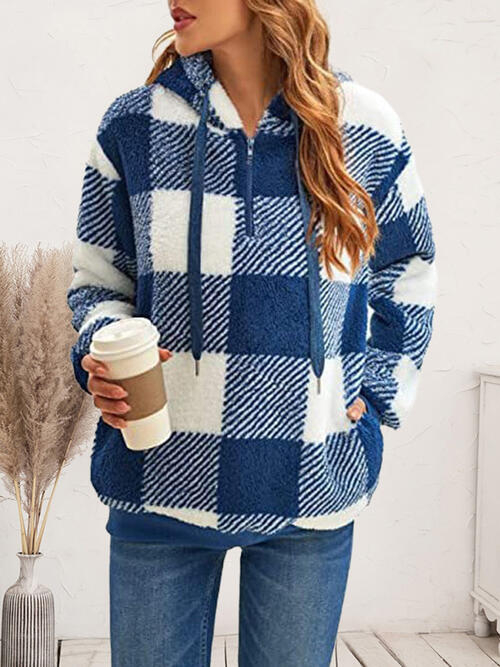 Plaid Half Zip Drawstring Hoodie | 1mrk.com