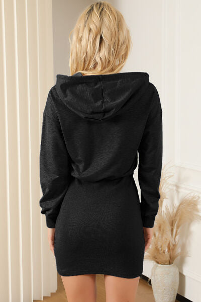 Half Zip Drawstring Hooded Mini Dress |1mrk.com