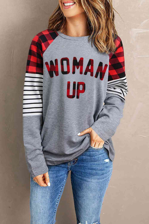 WOMAN UP Plaid Striped Raglan Sleeve Top | 1mrk.com