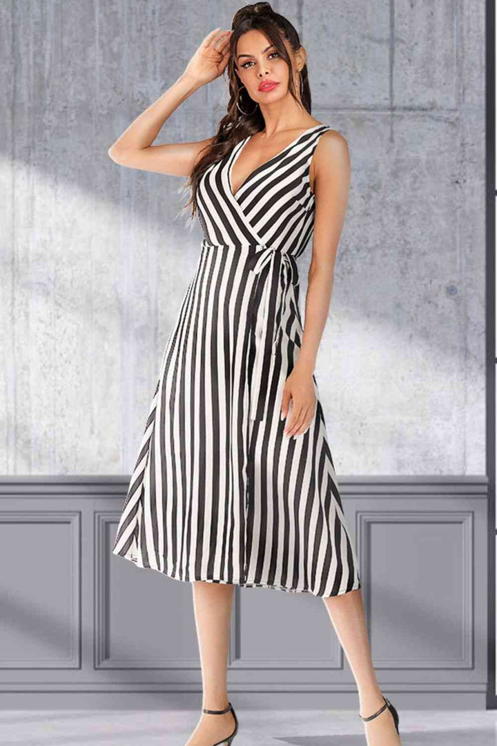 Striped Surplice Tied Sleeveless Dress |1mrk.com