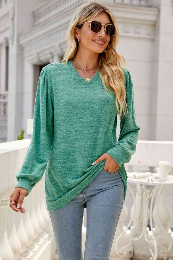 Long Puff Sleeve V-Neck Top | 1mrk.com