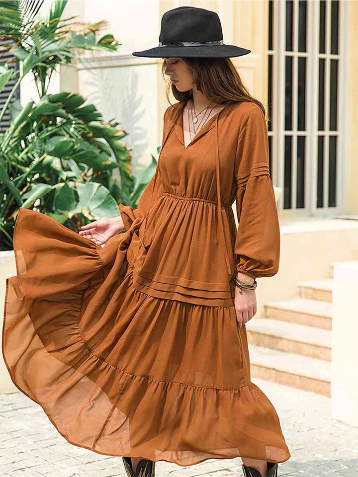 Tie Neck Long Sleeve Midi Tiered Dress | 1mrk.com