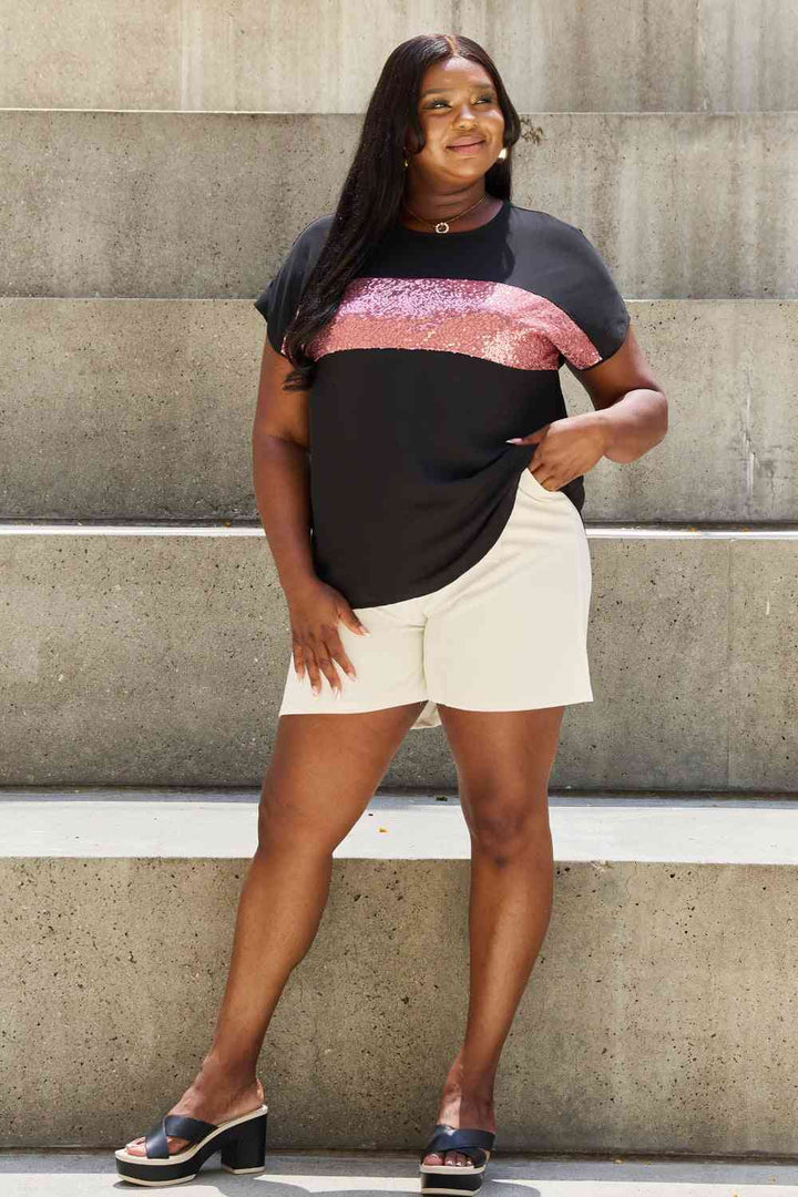 Sew In Love Shine Bright Full Size Center Mesh Sequin Top in Black/Mauve | 1mrk.com