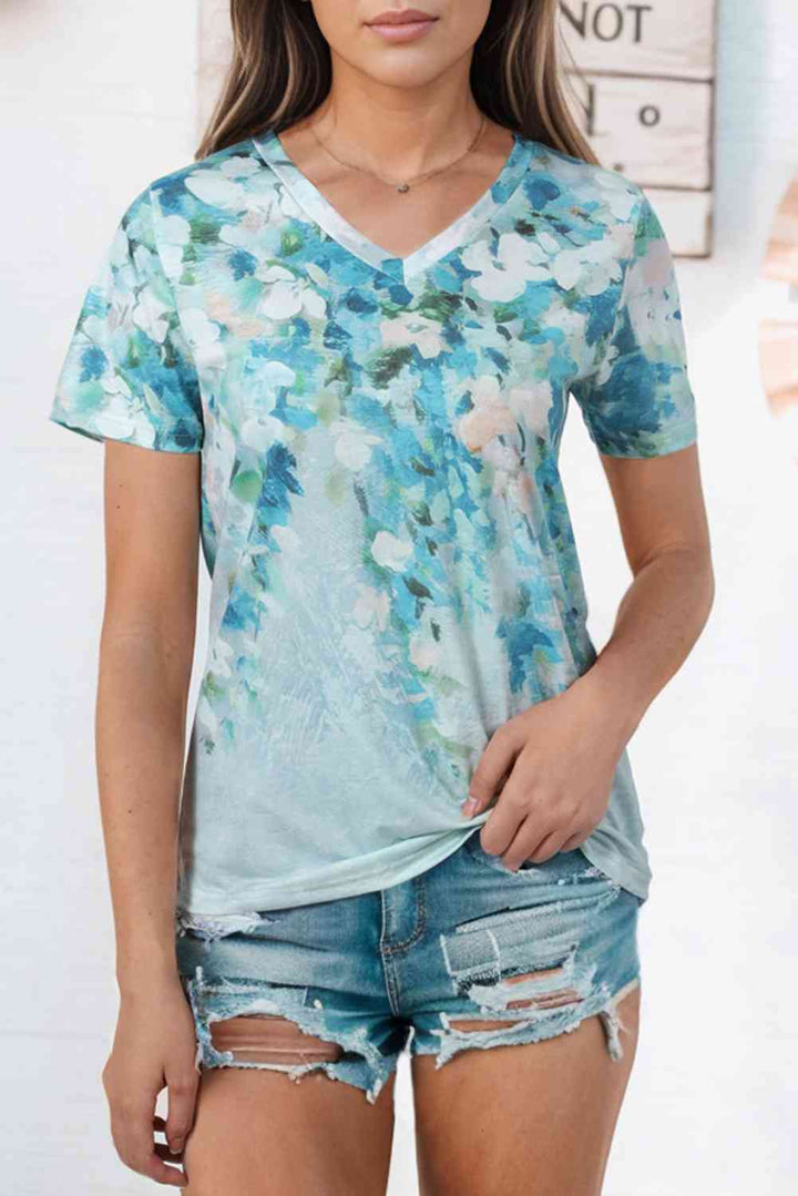 Floral V-Neck Short Sleeve Tee | 1mrk.com