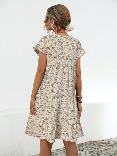 Frill Floral Round Neck Short Sleeve Tiered Dress |1mrk.com