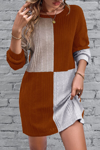 Textured Color Block Round Neck Dress |1mrk.com